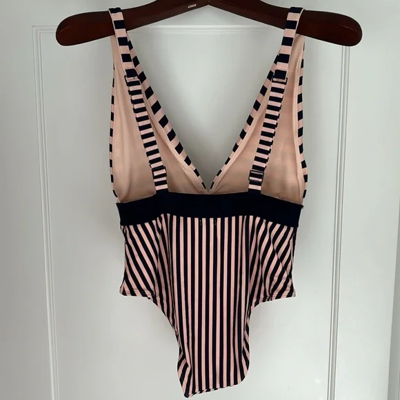 NWT Aerie deep V plunge striped one piece swim suit in navy blue & blush pink - Picture 2 of 11